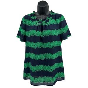 J.Crew Ruffle Crew Neck Top WMN 4  Navy Blue/Green Beanstalk Stripe A9171 Blouse